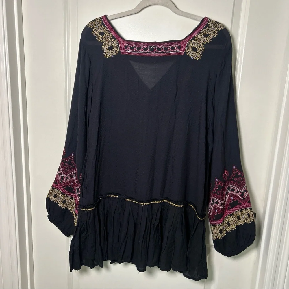 Free People Wild One Embroidered Mini Dress Long Sleeve V-Neck Black Sz XS Boho